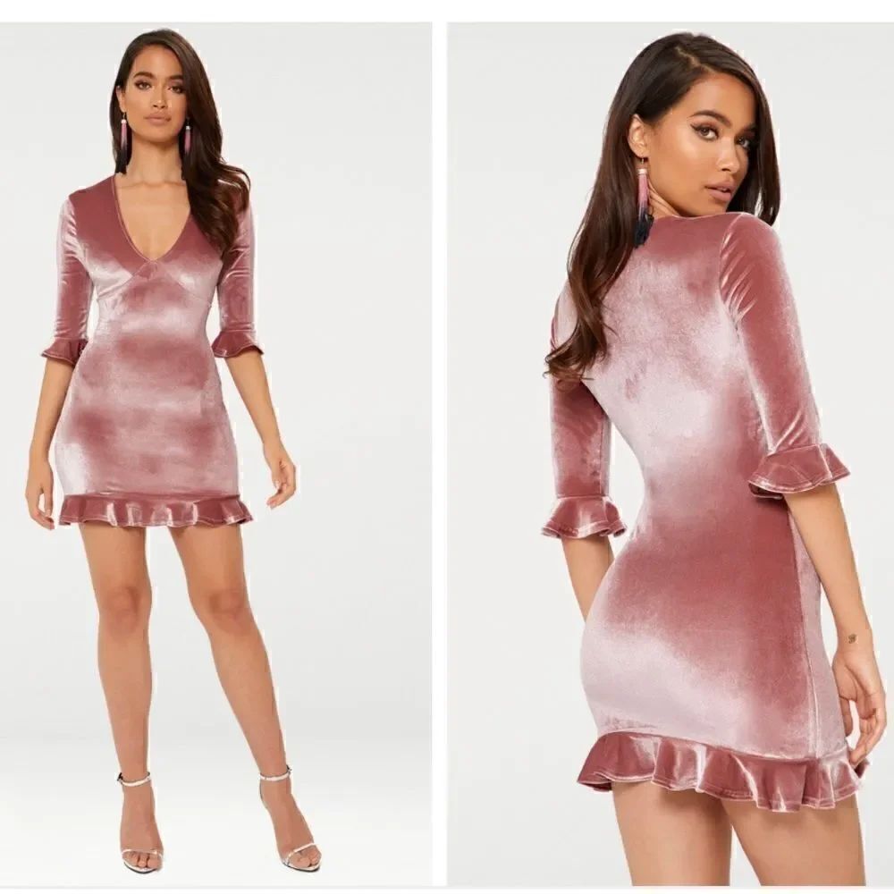 👠Prettylittlething rose velvet frill hem v neck dress Sz 12